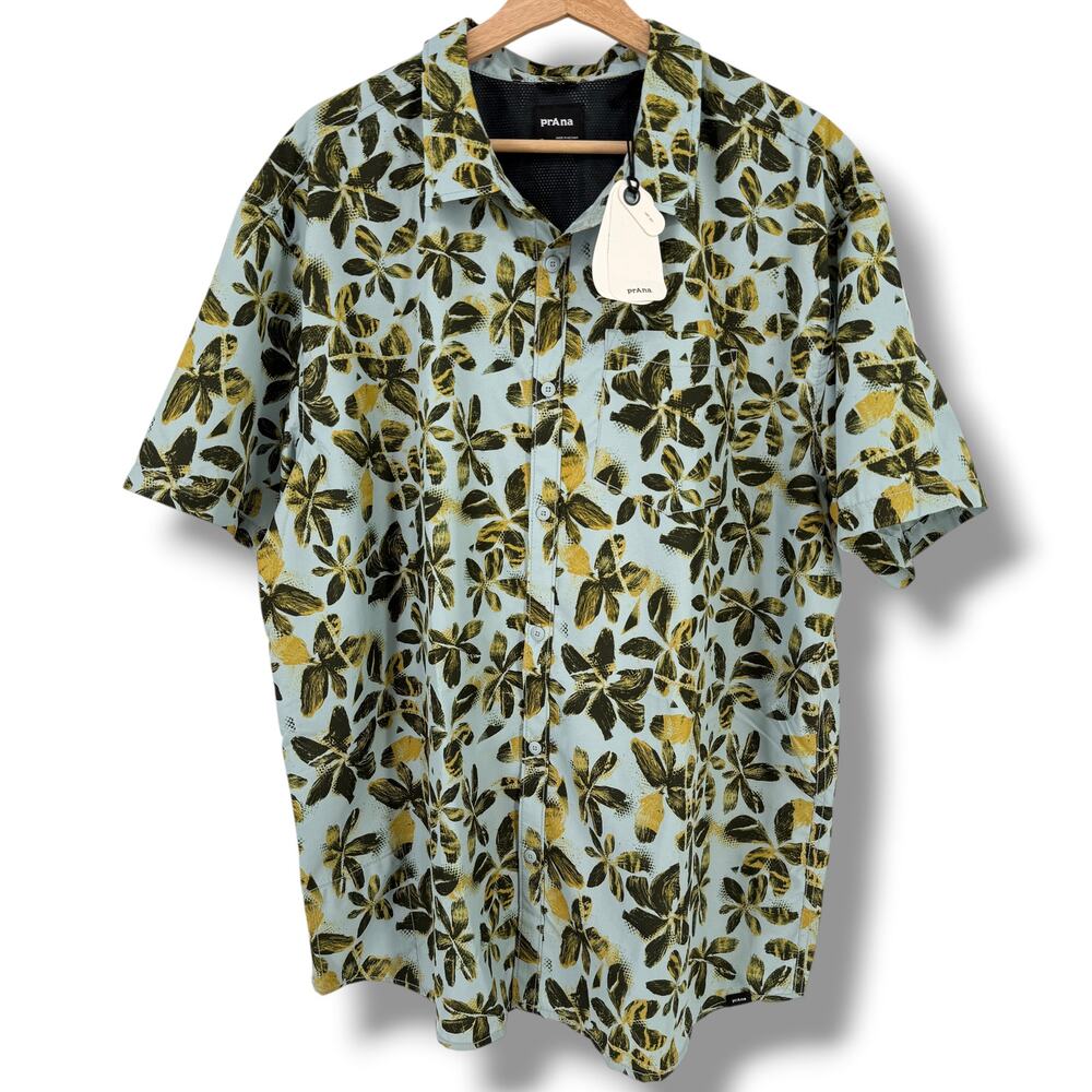 Prana Lost Sol Printed Short Sleeve Button Front Shirt Sz XL Saltwater Flower